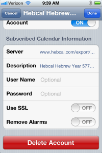 iPhone Hebcal calendar settings screen