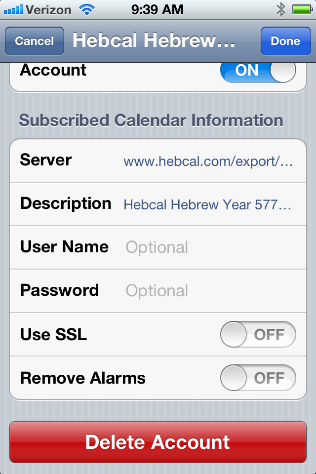 iPhone Hebcal calendar settings screen