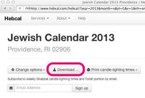 Hebcal custom calendar download highlighted