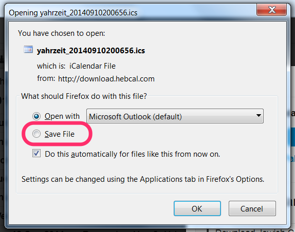 hebcal download save file vs open with dialog box