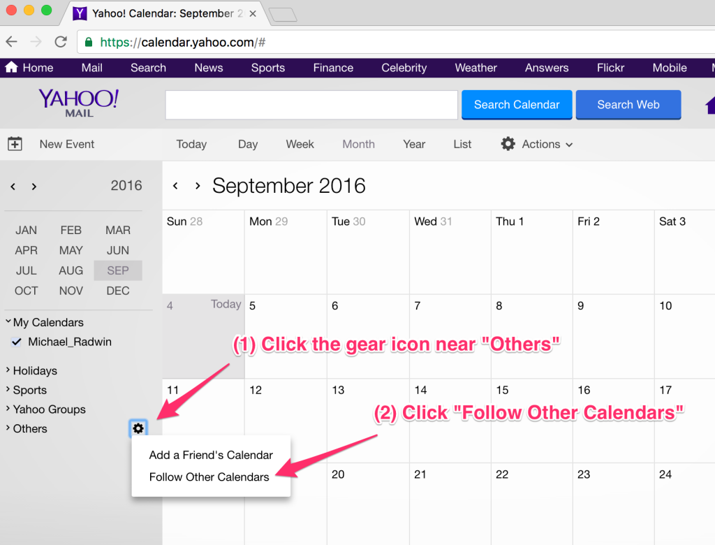 Yahoo Calendar add iCal URL