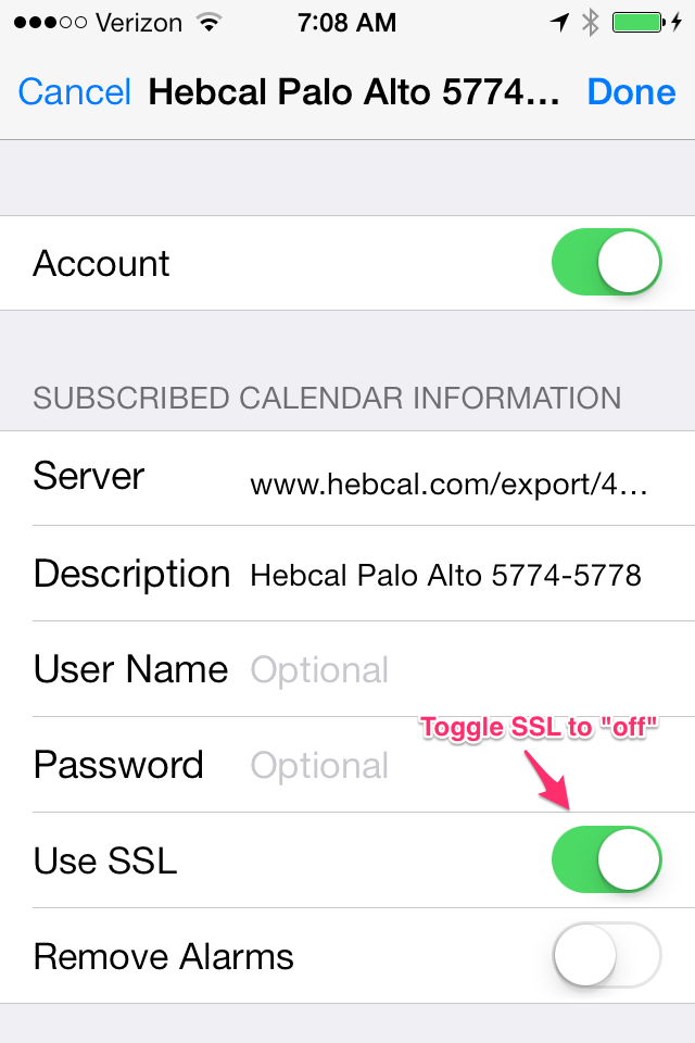 hebcal ios 7 calendar set SSL to off