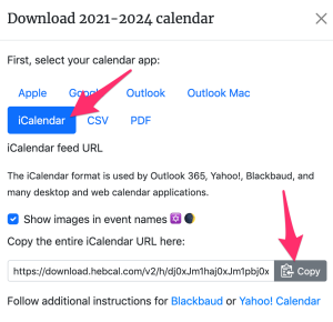 iCalendar feed dialog box