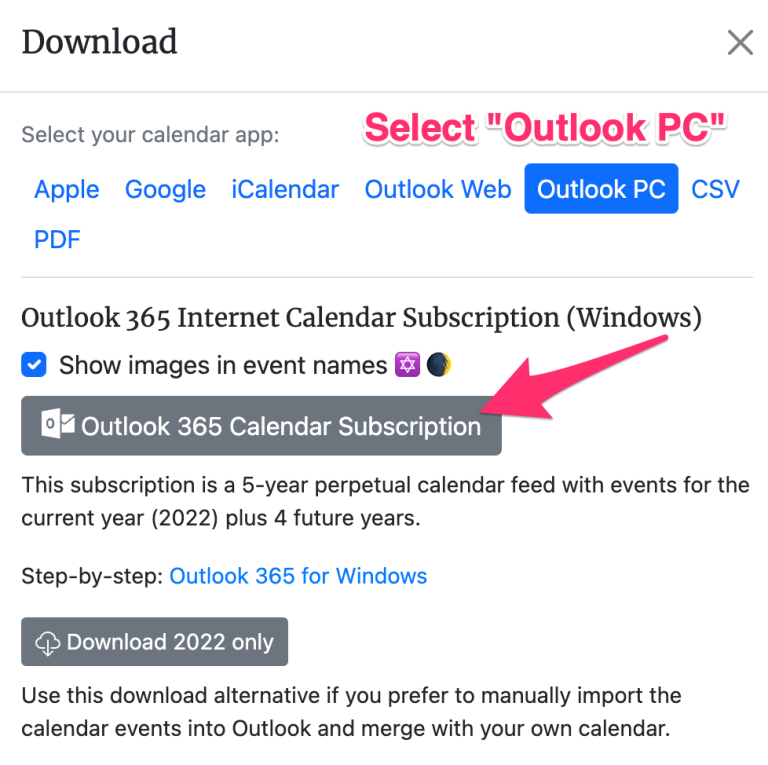 Outlook Jewish holidays download for Windows PC Hebcal