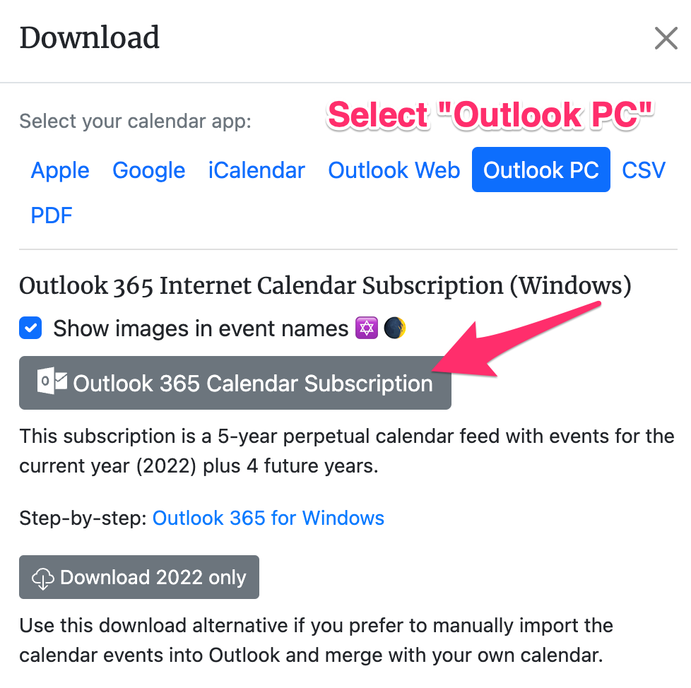 Outlook Jewish holidays download for Windows PC - Hebcal