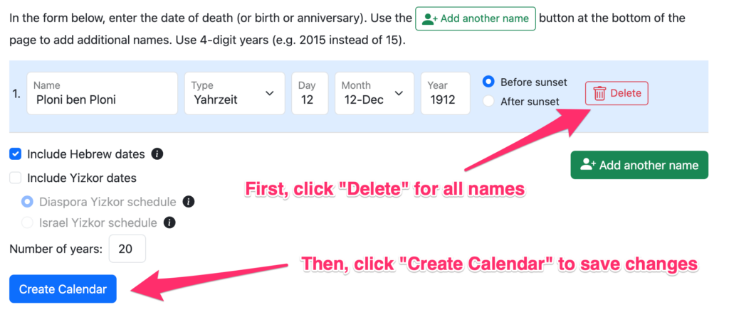 Screenshot of how to delete names from Hebcal yahrzeit page