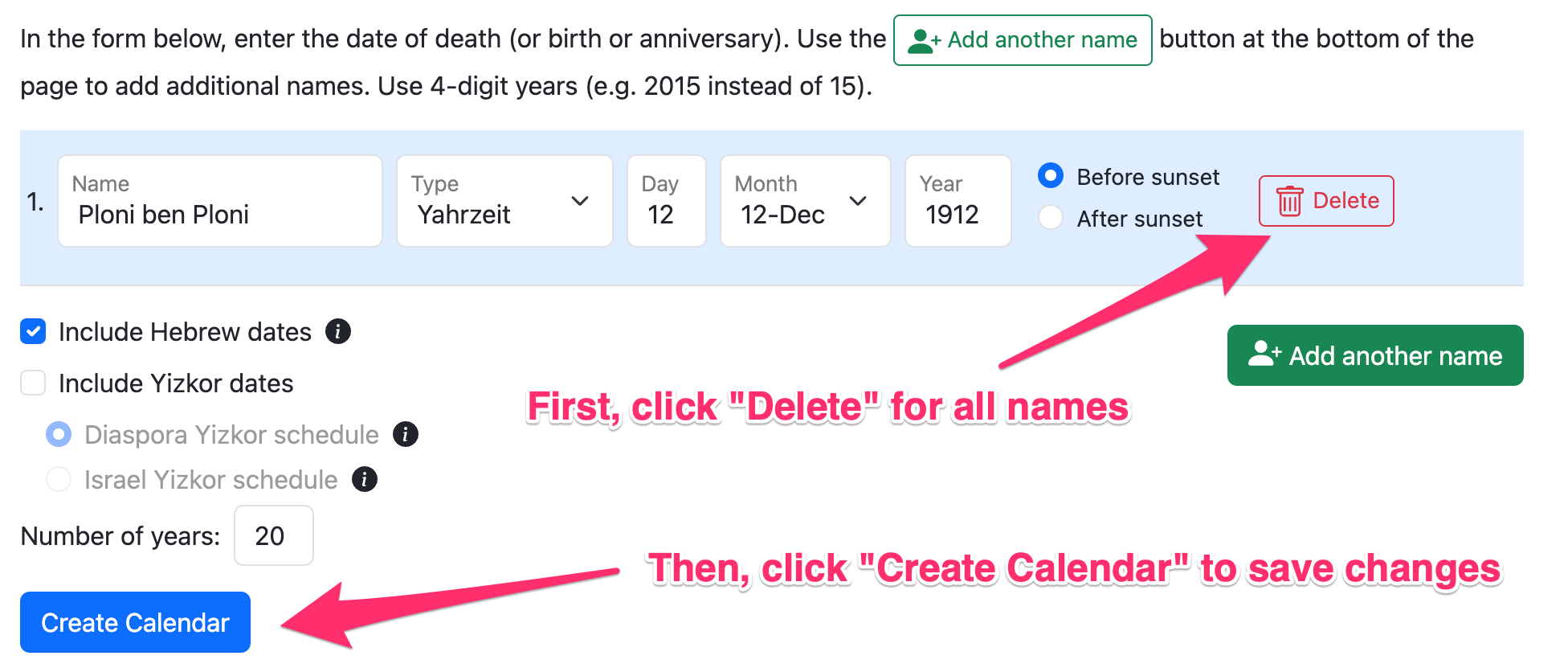 Delete a Yahrzeit / personal anniversary calendar Hebcal