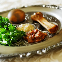 Traditional symbols on a seder plate for the Jewish festival of Passover