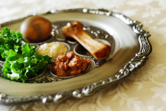 Traditional symbols on a seder plate for the Jewish festival of Passover